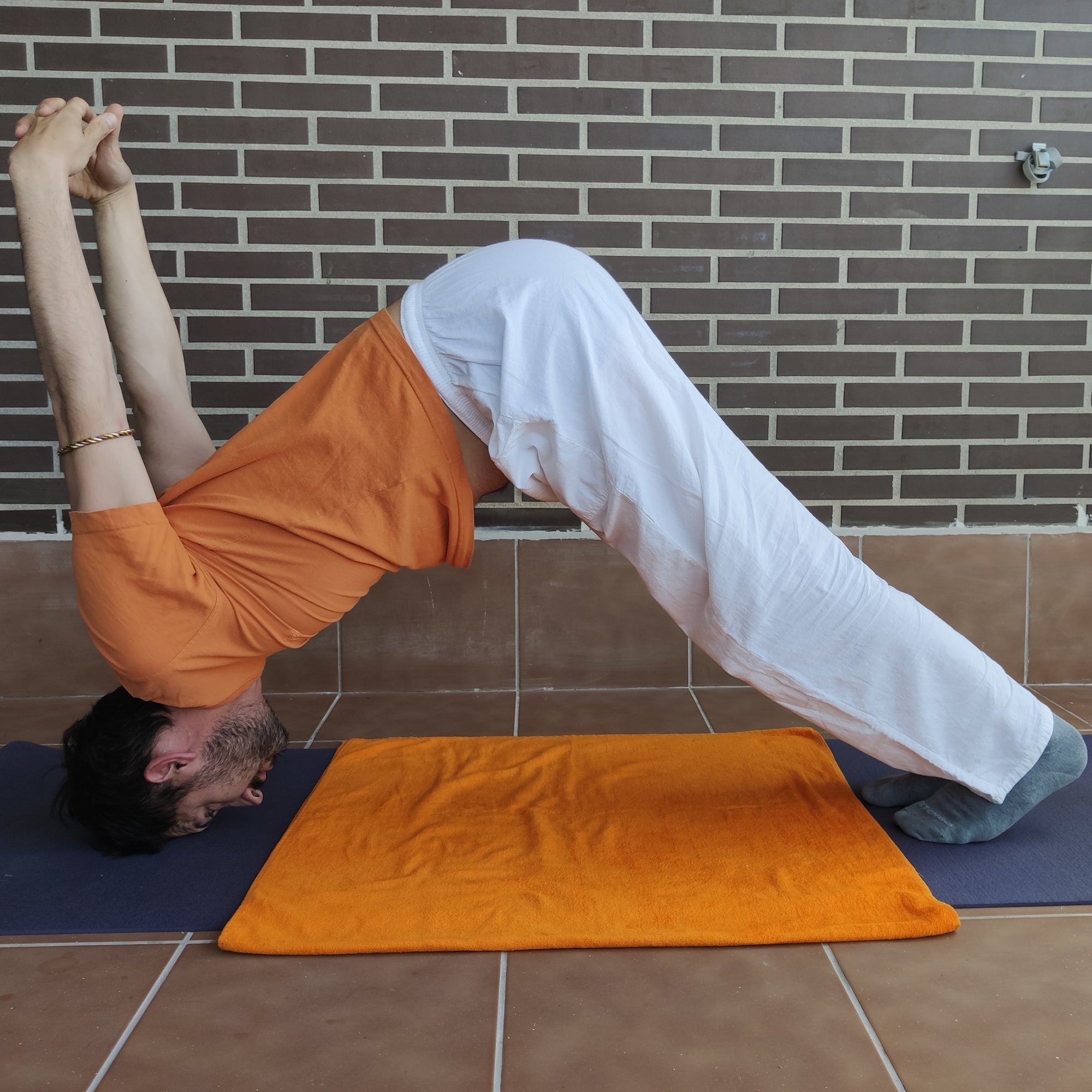 Bhumi pada mastakasana o la montaña, con los pies y cabeza en el suelo